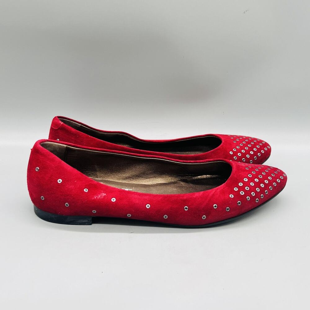 AGL Shoes Womens 9 Red Suede Studded Metal Grommets Ballet Flats Slip On Comfort